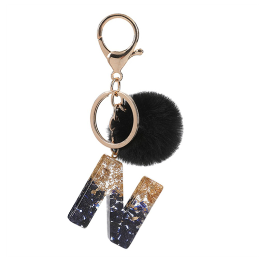 New Black Pompom 26 English Alphabet Resin With Gold Foil Keychain Charms Exquisite Letter Keyring N