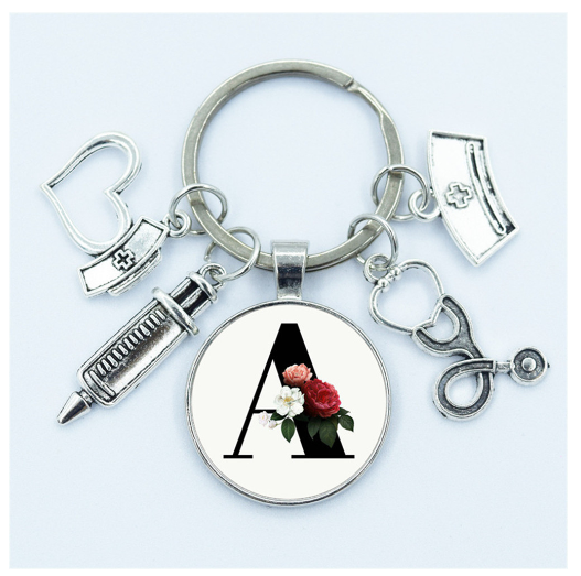 1Pcs Creative Stethoscope Syringe 26 Letter Keychains Nurse Cap Initials Metal Keyrings Bag Ornaments Charms Gifts Souvenir A