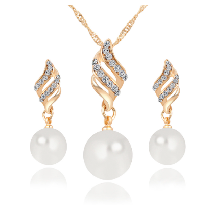2 Pcs/Set Woman Fashion Elegant Pearl Necklace Earring Suit Jewelry Set