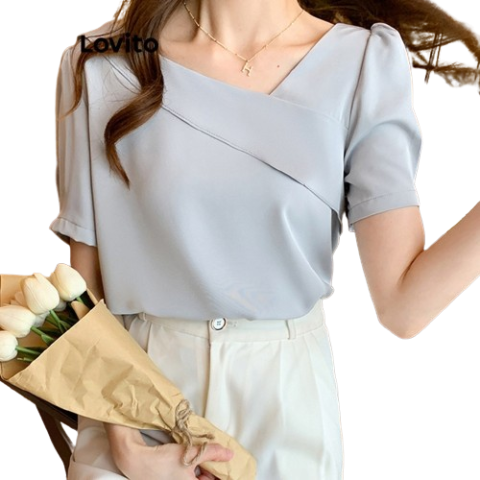 Lovito Women Elegant Plain Asymmetrical Blouse LNE40251