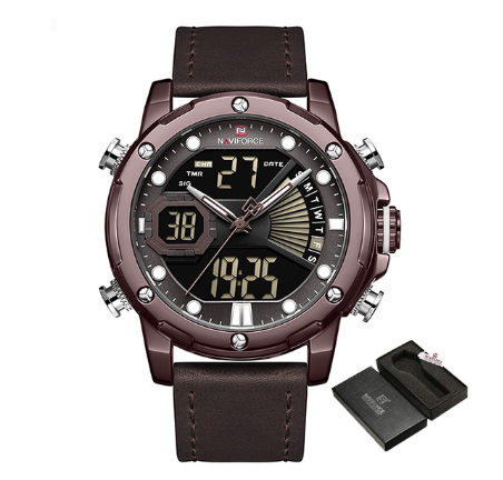 Naviforce Men's Top Luxury Brand Military Men Watch Led Digital Leather Sports Quartz Watches COFFEE