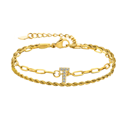 Vnox Letter Double Layer Braelet,18K Gold Fried Twistsed Paper Clip Zirconia Initial Stainless Steel Chain Link for Women T