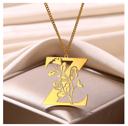 Beauty Flower A-Z Letter Necklaces for Women Men Stainless Steels Flower Initial Pendant Necklace Z