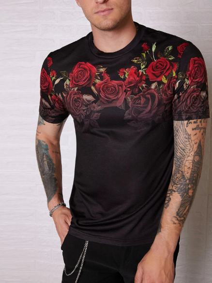 Manfinity RSRT Men T-Shirts Crew Neck Short Sleeve Graphic Tee Floral Fancy Tops Summer