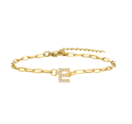 Vnox 18K Gold Zircon Initial Bracelet,Letter Charm Link Stainless Steel Flat Cross Bracelet E