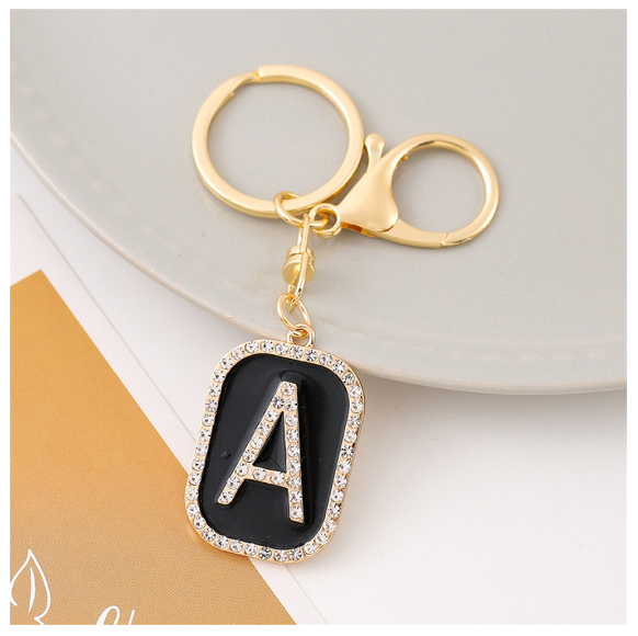 Exquisite Rhinestone 26 Letter Keychain Simple Black Enamel Initials Keyrings For Women Bag Pendant Ornament Car Keyholder Gifts A
