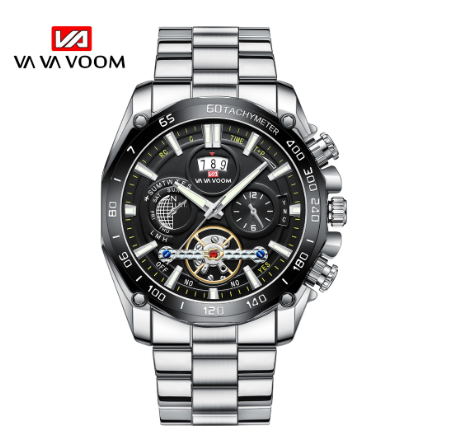VA VA VOOM Trendy Men's Quartz Watch with Night Light Watches Calendar Wristwatches for Male SILVER