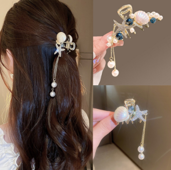 Alloy Starfish Pearl Rhinestone Hairpin Crystal Tassel Women Summer Fashion Hair Clip Hair Accessories