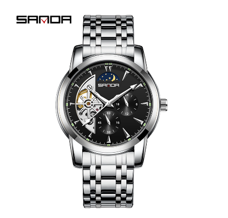 Sanda Premium Commercial Steel Strap Three Hand Water Resistant Luxury Quartz Watch SILVER BLACK STEEL STRAP