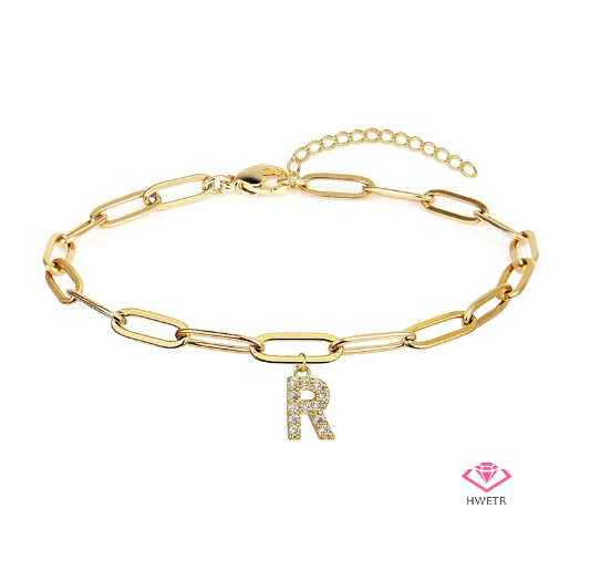 Hwetr Fashion 26 A-Z Initial Bracelet For Women Classic Zircon Letter Pendant Paper Clip Chain Bracelet Jewelry Accessories Gift R