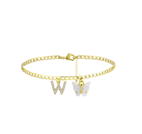Fation Dainty Butterfly Initial Ankle Bracelets Handmade Cuban Chain White Butterfly A-Z Alphabet Letter Initial Anklets Summer Beach W