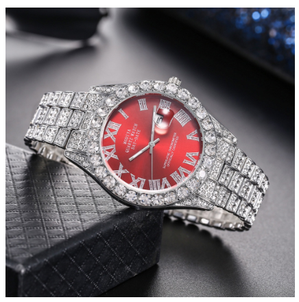 new rhinestone starry hip hop men's watch magnifying glass calendar full diamond roman scale alloy steel band watch men F3