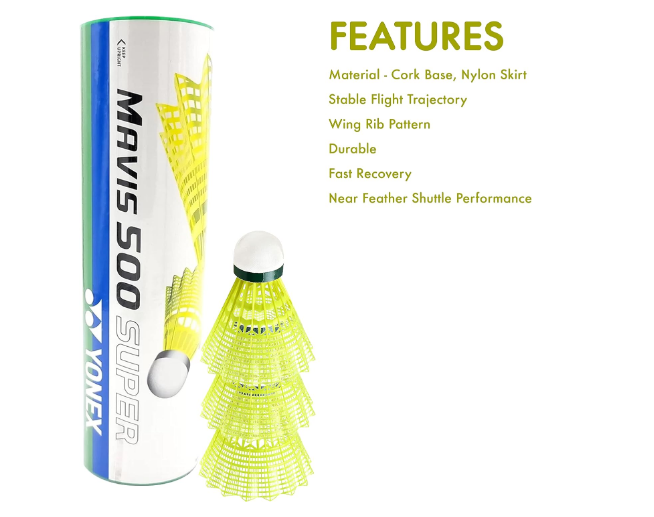 YONEX Mavis 500 Super Nylon Shuttlecock Made in Japan - Pack of 6 (Yellow)