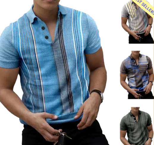Short Sleeve Button Neck Elastic Cuff Men T-shirt Turn-Down Collar Striped Print Summer Top Street Wear
