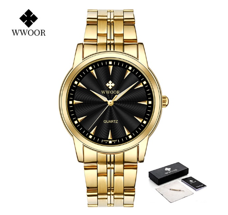 Wwoor Classic Retro Watches For Men Top Brand Waterproof Stainless Steel New Quartz Wristwatch Fashion Luxury Watch BLACK DIAL ALL GOLD