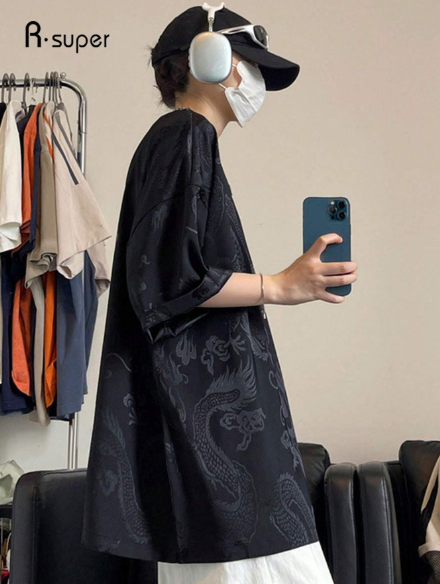 Loose Fit Casual Unisex Chinese Dragon Print Drop Shoulder Tee