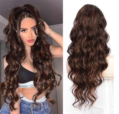 24inch Long Black Wavy Synthetic Hair Applique With Drawstring For Heat Resistant Ponytail