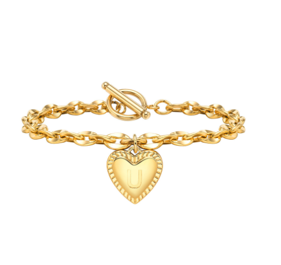 Vnox A-Z Letter Heart Charms Bracelet for Women Girl 18K Gold Elegent Love Stainless Steel Link Chain Initial Jewelry Birthday Present J