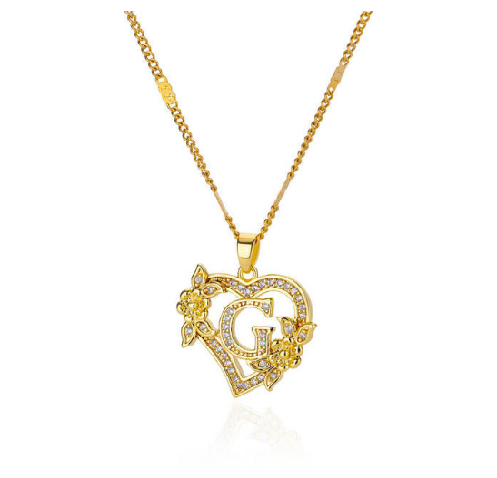 Zircon Stainless Steel Heart Flower Letter Necklaces For Women Gold Color A-Z Letter Heart Necklace G