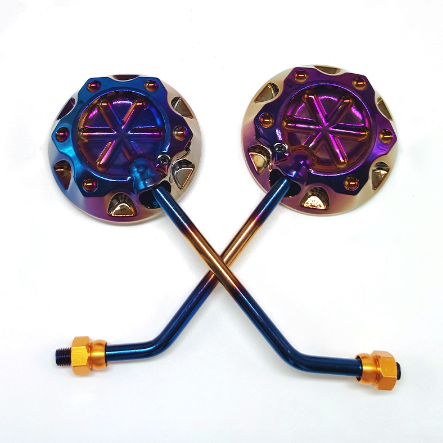 Motorcycle Side Mirror 1Pair Round Side Mirror 8mm Plated Titanium Long Stem Rearview Mirror
