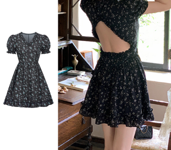 Lovito Women Casual Ditsy Floral Ruffle Backless Dress L71ED154 Black