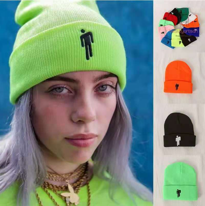 HipHop Bonnet women Men korean embroidery Unisex Solid Color Knit Beanie Hats Stretchy Billie Eilish