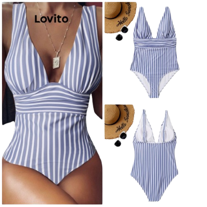 Lovito Women Basic Bikini Set LNE31048 (Blue)