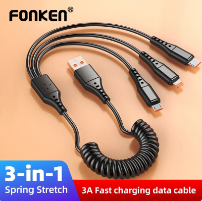 3 in 1 USB Type C Cable 3A Micro USB Spring Pull Telescopic Fast Charging Cable for iphone 15 pro max Sumsung Xiaomi POCO Huawei
