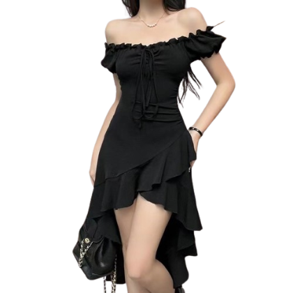 Lovito Women Lettuce Trim Asymmetrical Split Front Dress LNE21271 (Black)