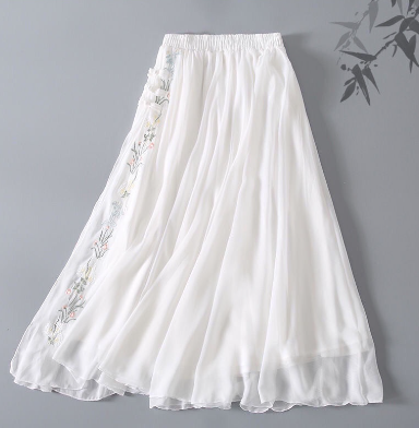 Summer Hanfu Fairy Skirt Embroidered Flower Plate Buckle Chiffon Skirt Literary Retro Skirt Mid Length