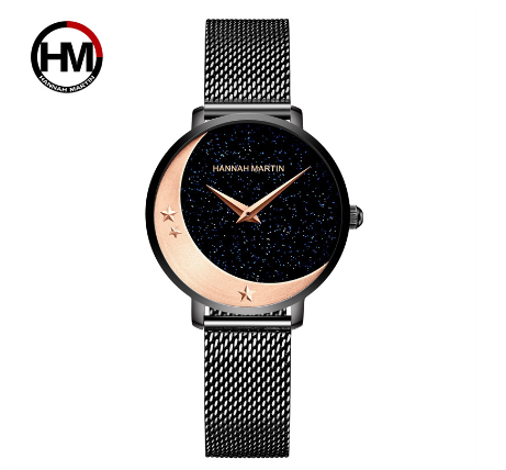 Hannah Martin Women's Watches Stars and Moons Fashionable and Waterproof Women's watch Starry Lady Wristwatch BLACK