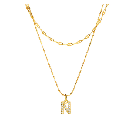 Vnox Double Layered Letter Initial Pendant Necklace,Gold Plated Shiny Zircon Alphabet Charm Necklace for Women N
