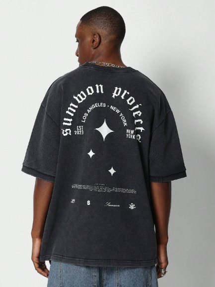 SUMWON Washed Tee With Grunge Graphic Print