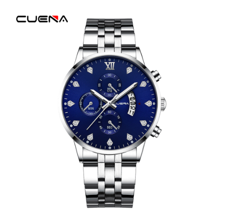 CUENA New Men's Watch Fashion Business Stainless Steel Waterproof Quartz Watch SILVER BLUE