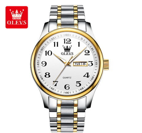 Olevs Watch For Men Quartz Original Waterproof Calendar Digital Face Movement Stainless Steel Band Authentic Fashion Watch WHITE DIAL TWO TONE STRAP