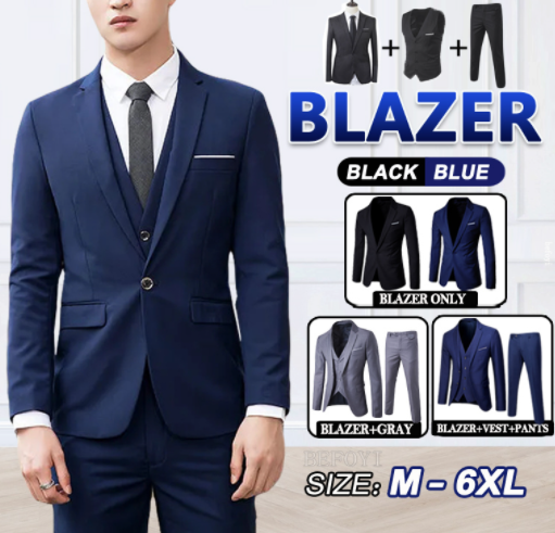 Set Men 2/3 Piece Suit Set Black Blazer Formal Business Wedding Korean Office Outerwear Slack Pants Jacket Tuxedo Plus Size