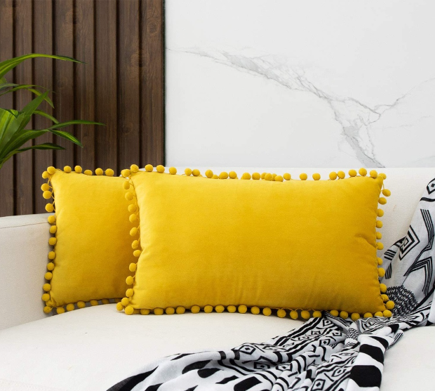 Decorative Lumbar Pom Poms Pillow Covers,Pack of 1 Soft Velvet Cushion Case for Couch Sofa Bedroom,12x20 Inches,Yellow