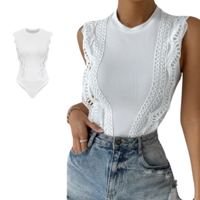 Lovito Women Casual Plain Lace Jacquard Bodysuit LBE04075 (White)
