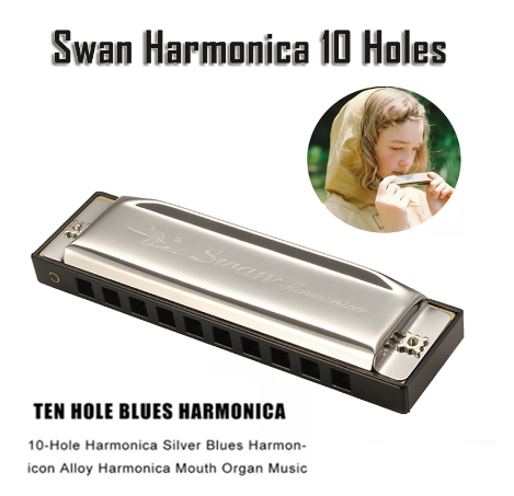 Silver Metal Swan Harmonica 10Holes Key of C for Blues Rock Jazz Folk Professional Beginner Teaching