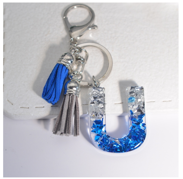 Exquisite 26 Initials A to Z Sea Glacier Resin Keychain Sequin Filling Keyring Blue Gray Tassel Pendant Handbag Accessories Gift U