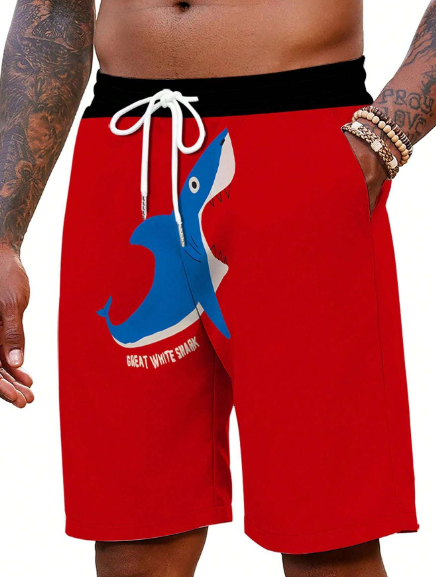 Men's Vacation Slogan Shark Printed Drawstring Elastic Waist Loose Beach Shorts