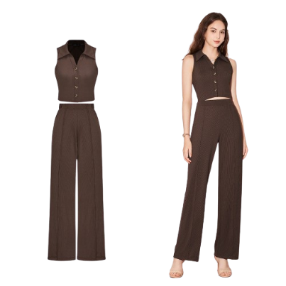 Lovito Women Grace Party Button Front Structure Line Elastic Waisted Pants Set L59ED100 (Brown)