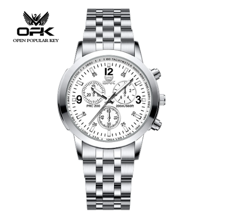 OPK Men's Watch Waterproof Original Quartz Luminous Calendar Stainless Steel Watch WHITE DIAL SILVER STRAP