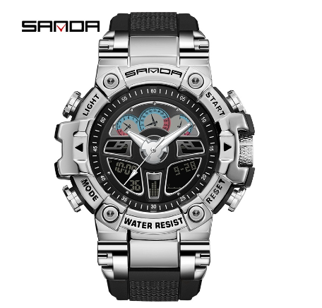 Sanda Creative Metal Dial Multifunctional Sports Waterproof Men's Watch Luxury Quartz Luminous Swim Watch SILVER
