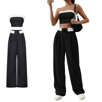 Lovito Women Casual Plain Colorblock Pants Sets L74ED072