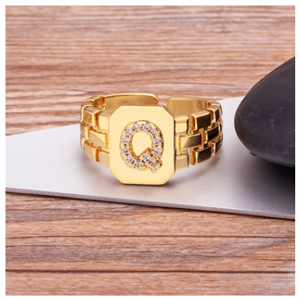 New Arrival Fashion Gold Color Initial Ring Open Design Adjustable Hot Sale A-Z Letters Zircon Rings For Women Q