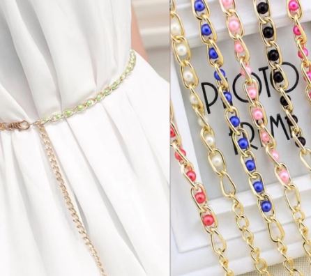 Women Faux Pearl Metal Thin Waist Chain Belt Bead Tie Waistband Strap Fashion