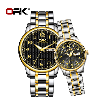 OPK Couple Watch Waterproof Original Silver Gold With Box Stainless Steel Watch BLACK DIAL TWO TONE