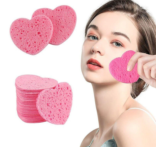 BLISS 10 Pieces Cosmetic Puff Pink Heart Shaped Makeup Remover Tool, Face Washing Natural 7mm Face Washing Cleansing Sponge Compressed