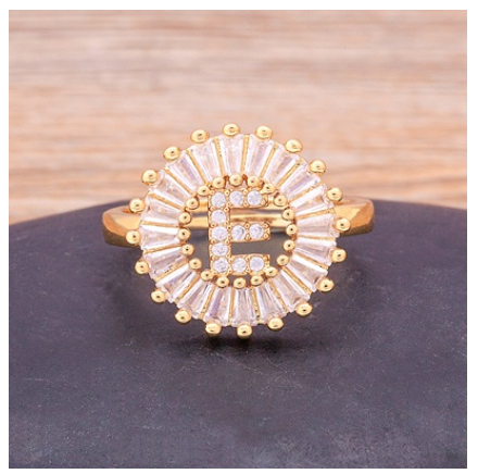 Initial 26 Alphabet Adjustable Size Gold Color Zircon A-Z Letter Ring Statement Name Jewelry E